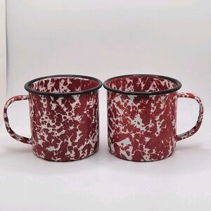 Red Enamelware Splatter Campfire Mugs Set of 2 Black Rim Cabin Farmhouse
